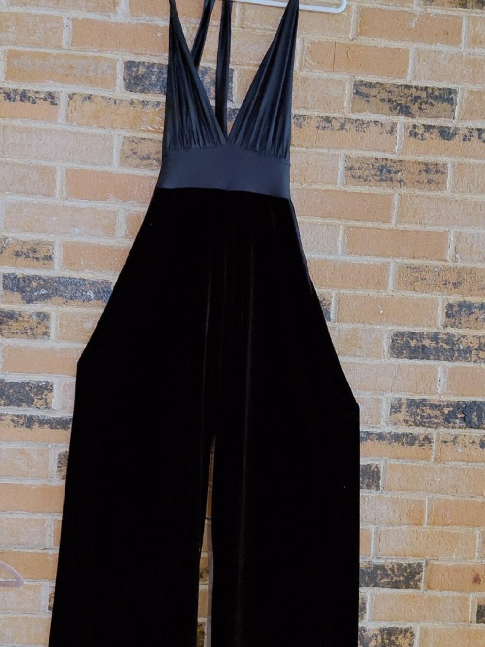 Symphony Black Satin Top, Velvet Wide Leg Halter Jumpsuit